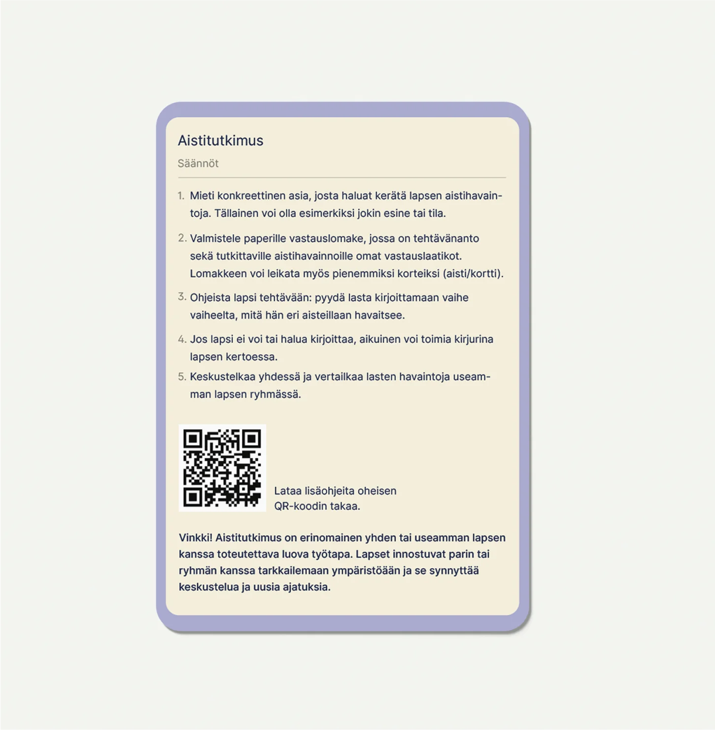 Menetelmäkortti, jossa kerrotaan menetelmästä aistitutkimus