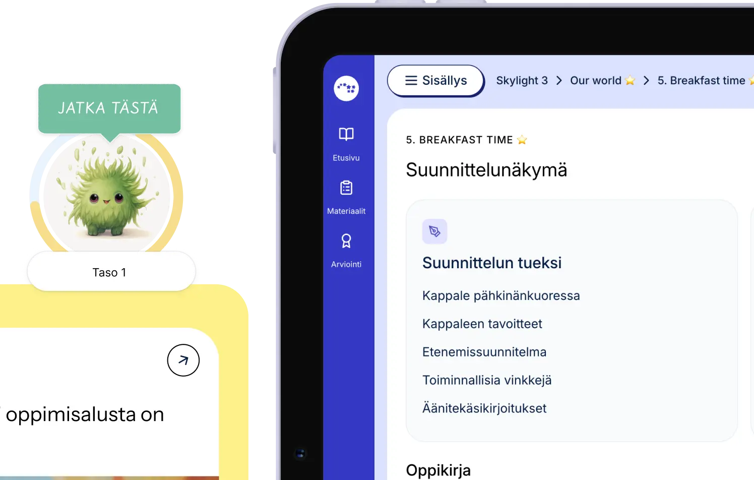 Kollaasikuva: uusi alusta oppillaalle; tutki, opi, kehity, ja suunnittelunäkymä opettajalle