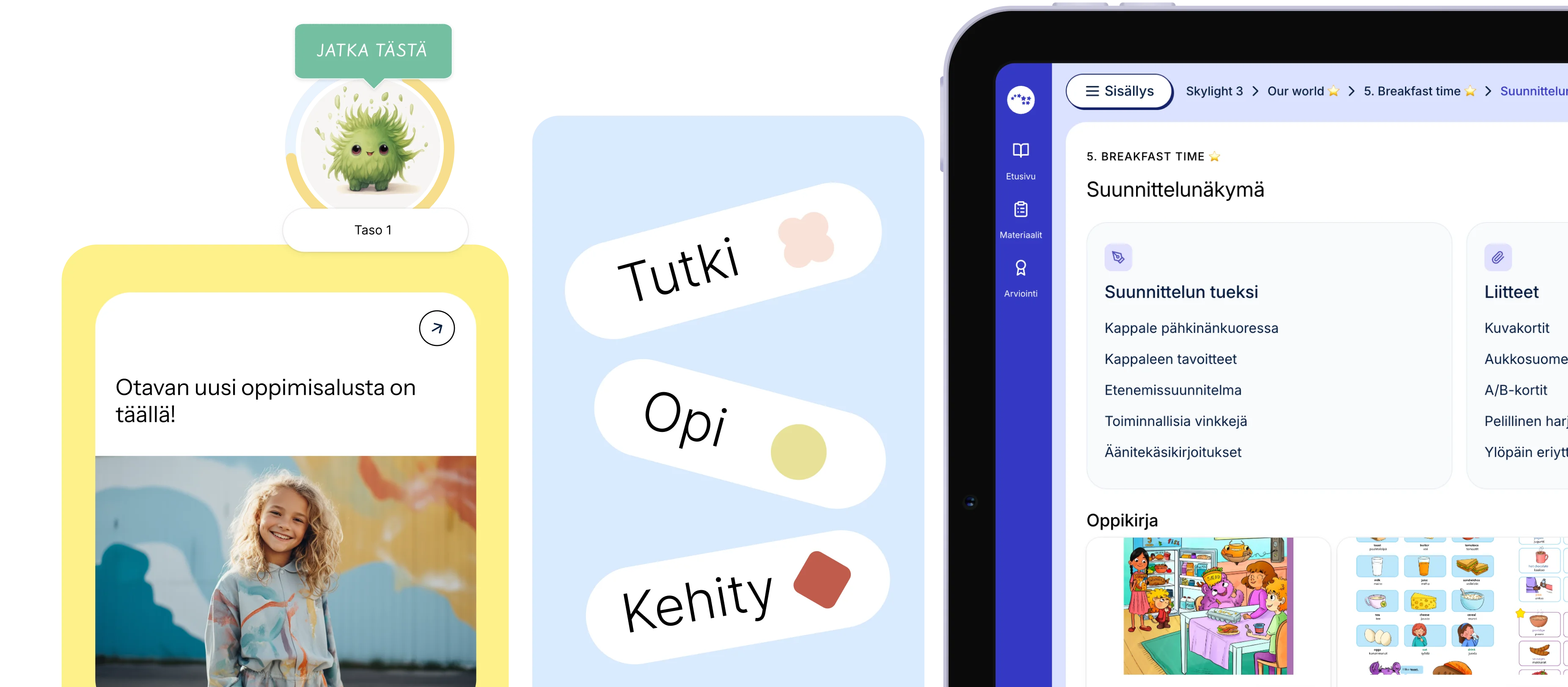 Kollaasikuva: uusi alusta oppillaalle; tutki, opi, kehity, ja suunnittelunäkymä opettajalle